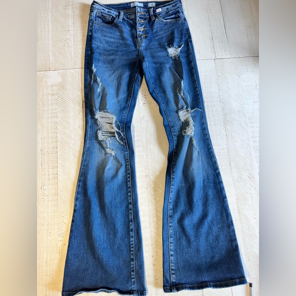 KanCan Distressed Flare Jeans in Blue